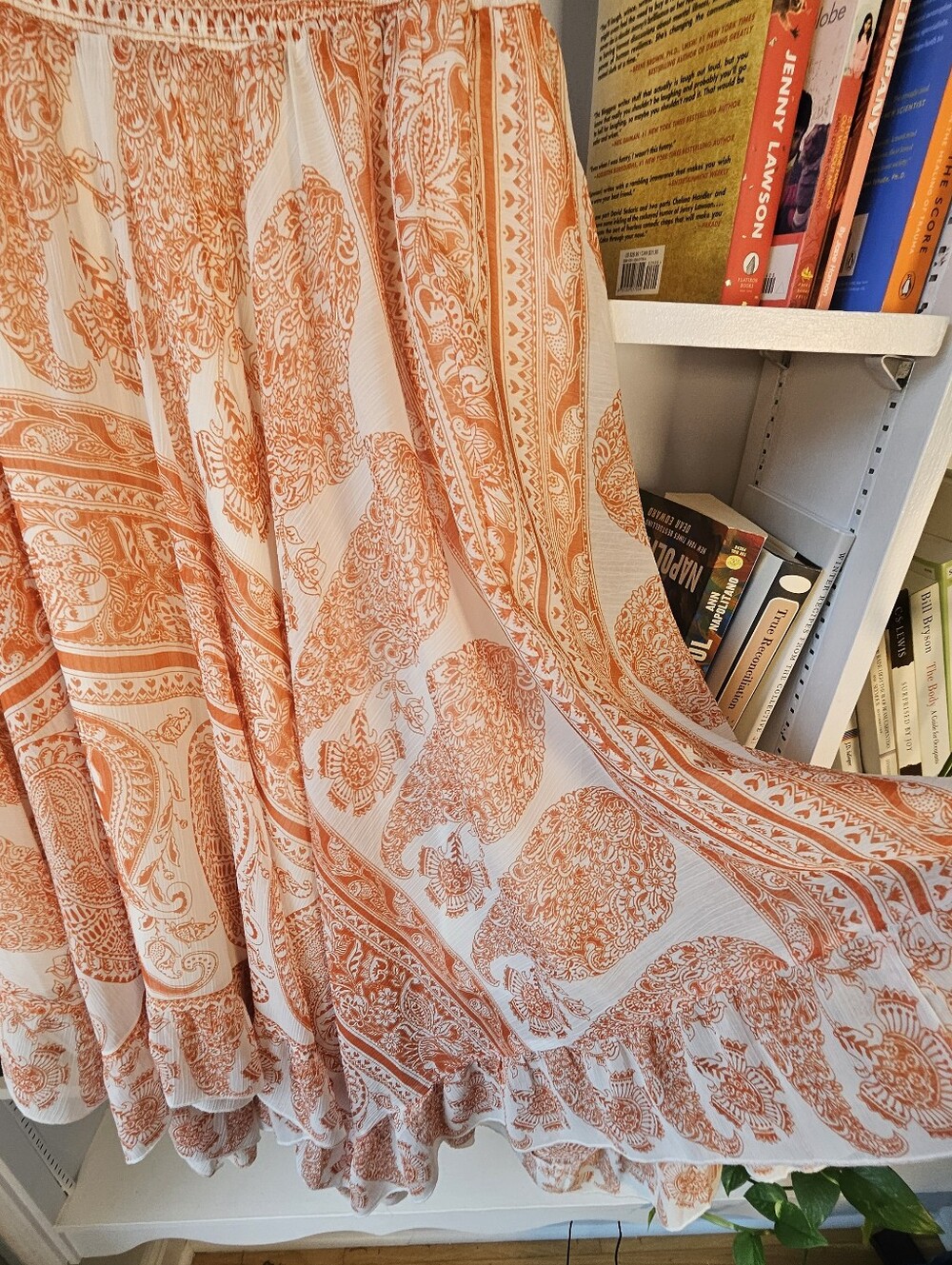 Paisley Midi Skirt Orange White Size Large Boho Beach Summer Asymmetrical - Picture 5 of 8